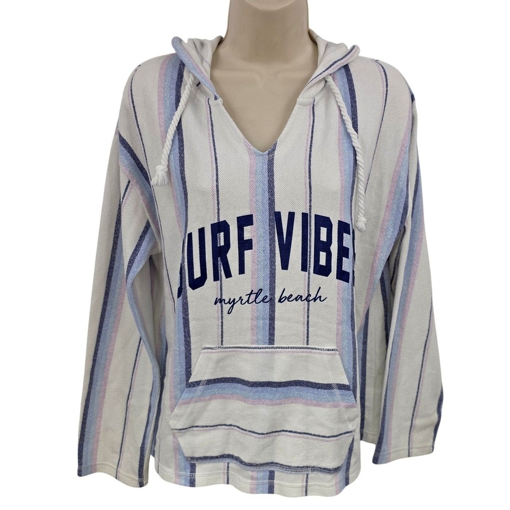Ocean Drive Hoodie Women M White Striped Surf Vibe Myrtle Beach Beachy Terry